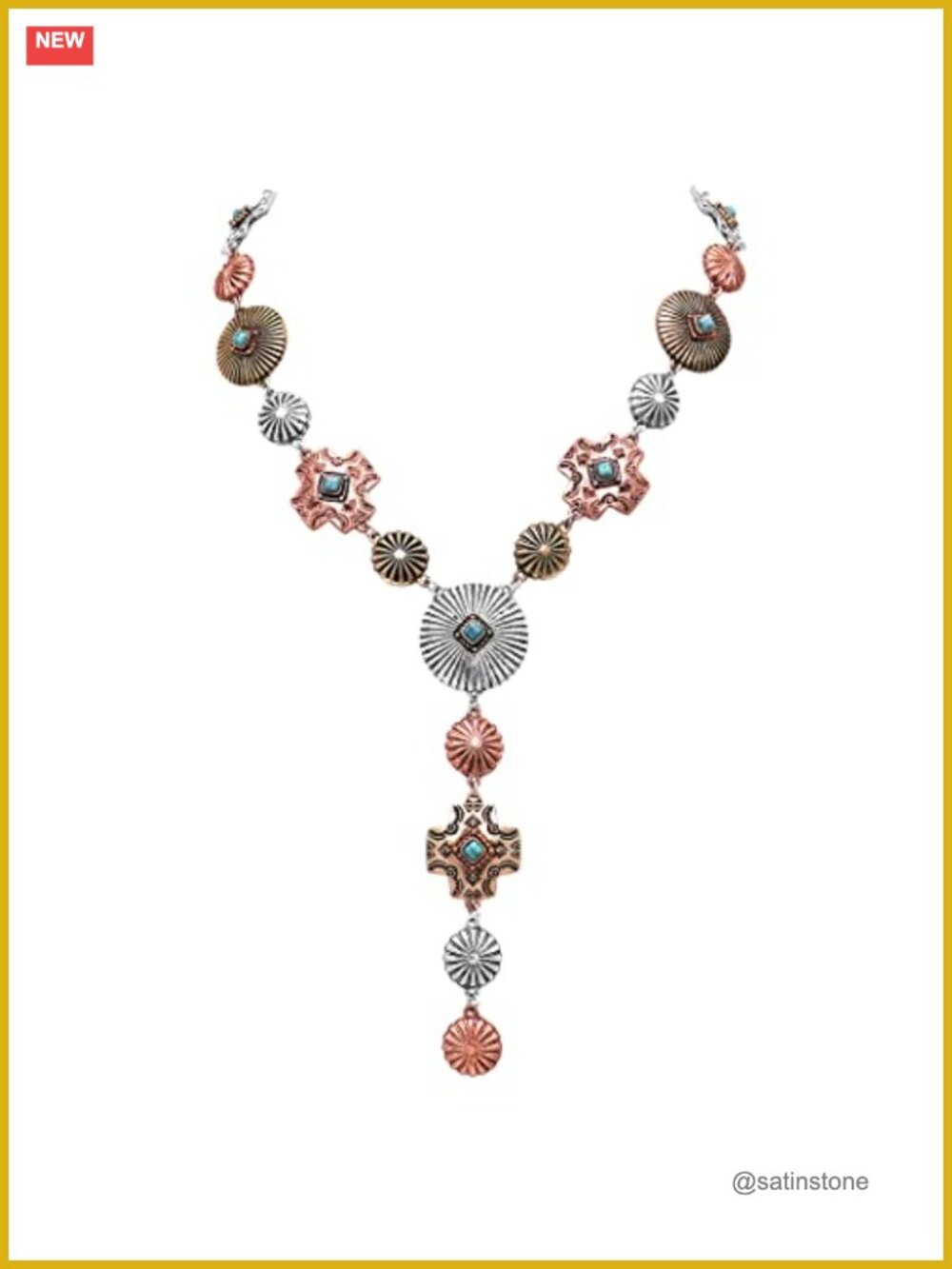 Women's Y-Drop Necklace with Turquoise Howlite Stones, Western Concho Design,